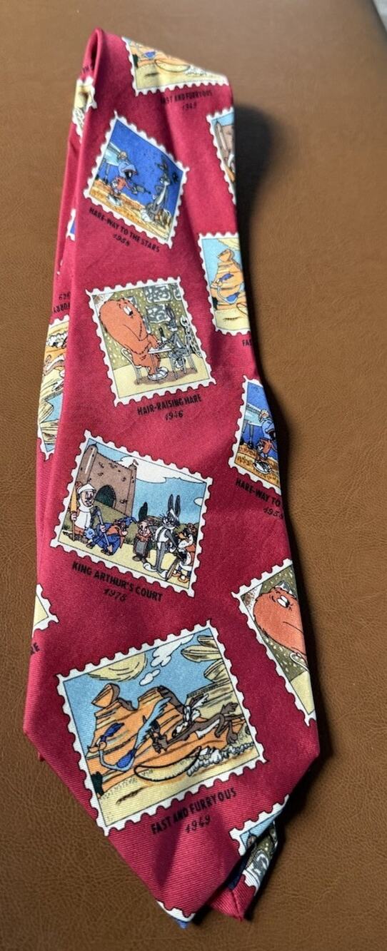 VTG Looney Tunes Neck Tie Stamp collection Warner Bros Bugs Bunny Red Silk
